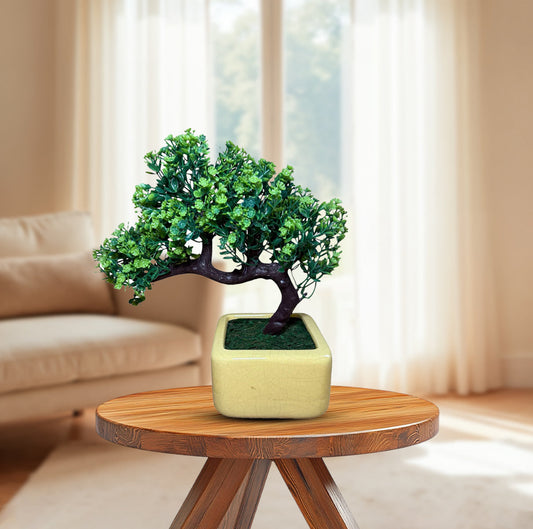 Artificial bonsai green plant in decorative vase for indoor decor
