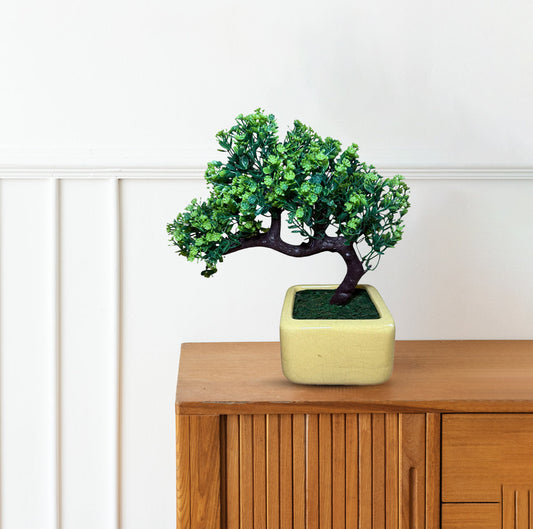 Artificial bonsai green plant for office desk and tabletop decor