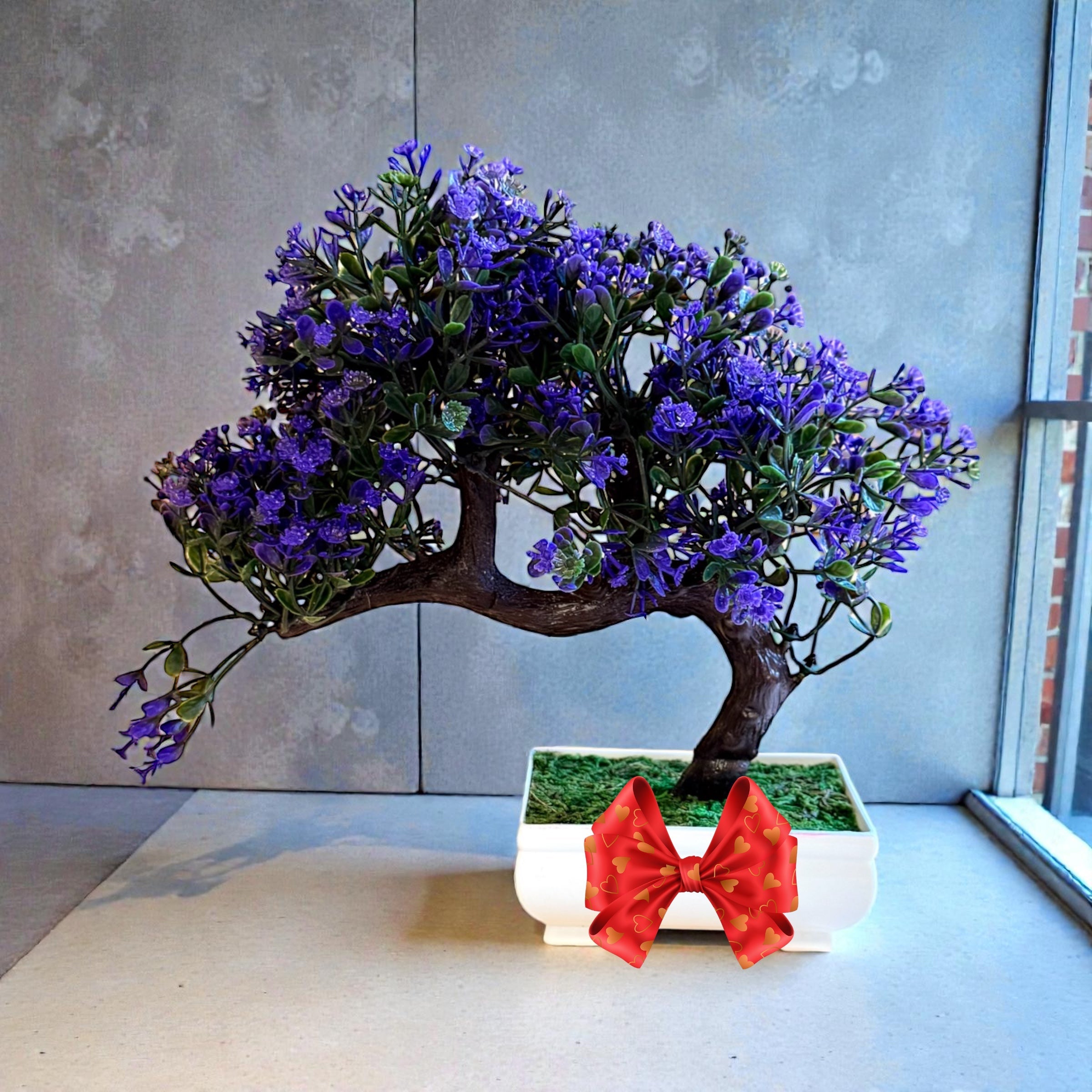 Artificial Purple Blossom Bonsai – Sideways Form Lifelike Display Plant – artificial plant
