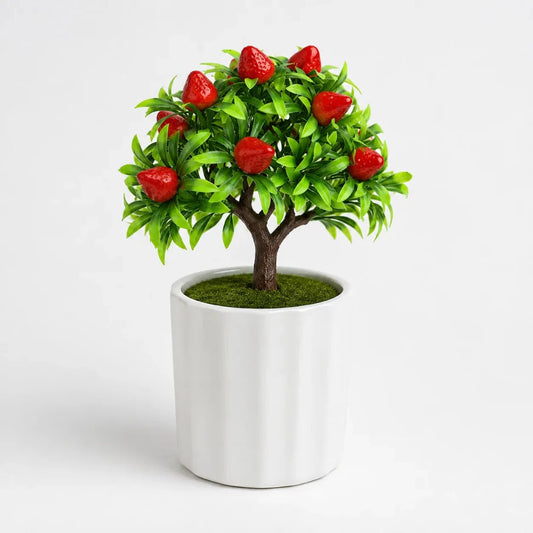 Decorative artificial strawberry bonsai in ceramic pot for home, office, and gift display