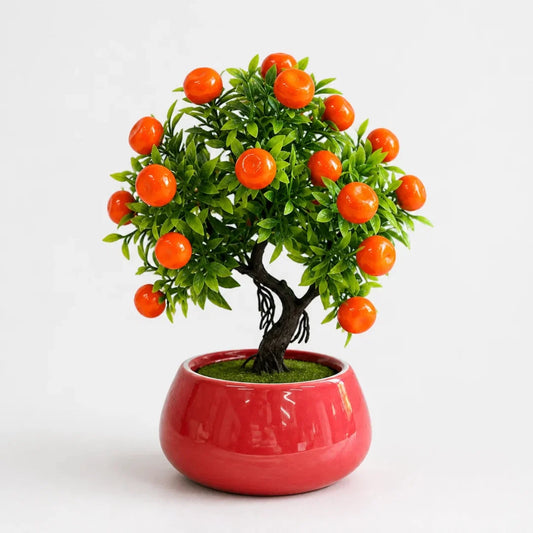 Decorative faux orange bonsai tree in modern ceramic pot for living room and desk display
