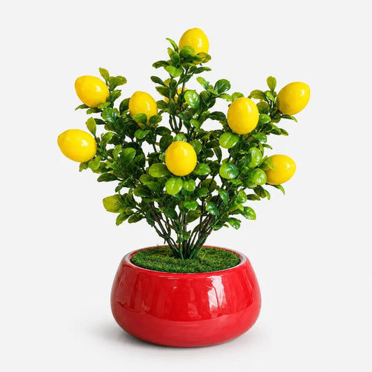 Realistic faux lemon bonsai plant in white ceramic planter for tabletop decoration