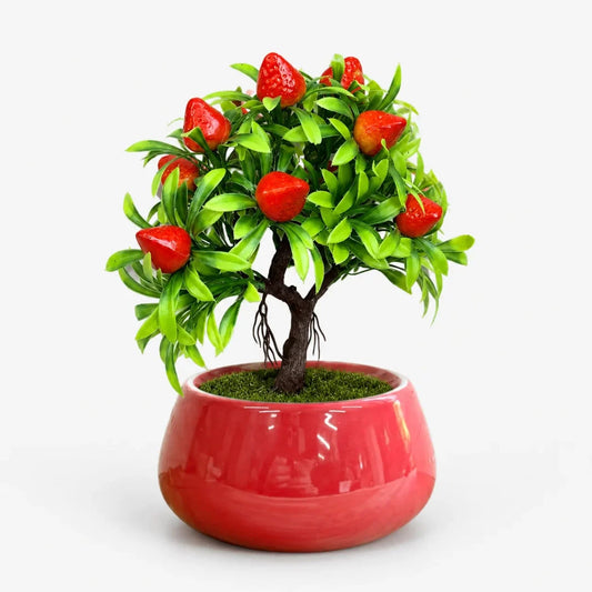 Realistic artificial strawberry bonsai plant in ceramic pot for indoor home and office decor