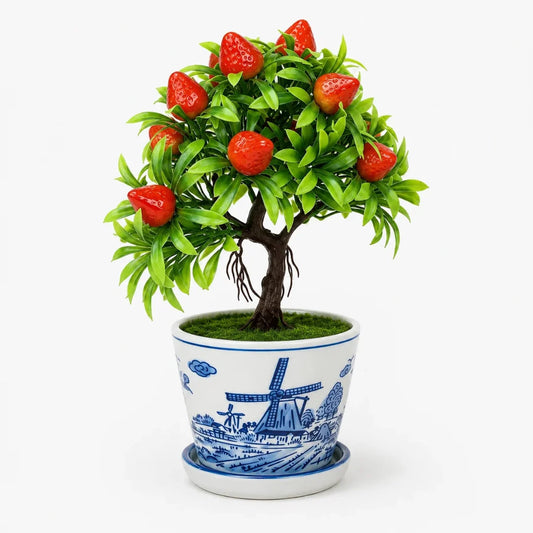 Artificial Strawberry Bonsai tabletop plant with lifelike berries in modern ceramic planter