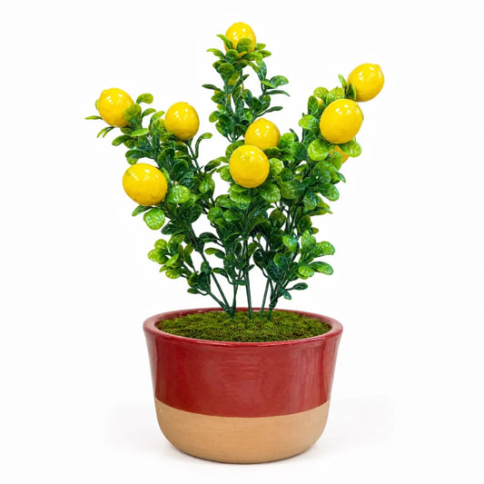 Mini artificial lemon bonsai with vibrant yellow lemons in modern ceramic pot