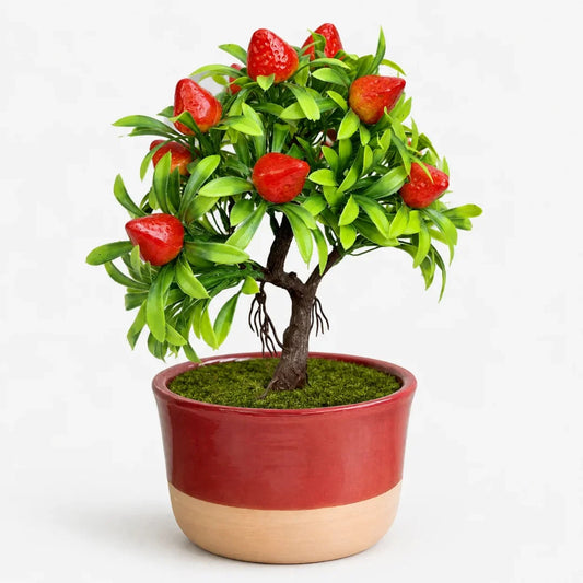 Small artificial strawberry bonsai tree in ceramic pot for desk, shelf, and tabletop decoration