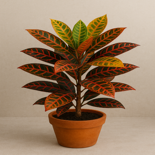 Petra croton plant with vibrant red, orange, yellow, and green tropical foliage