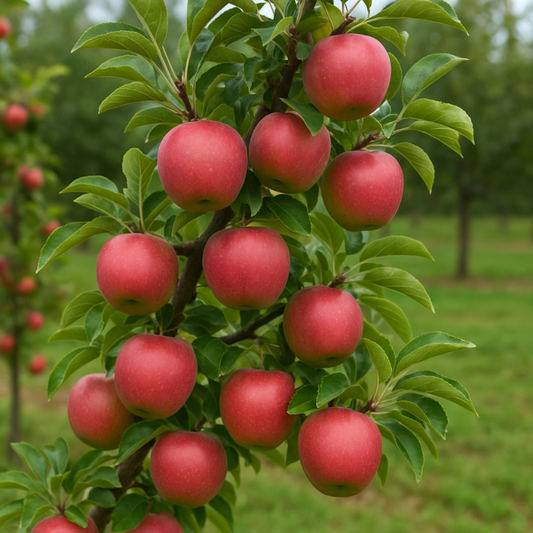 Young Fuji apple tree planted outdoors with upright growth and green foliage