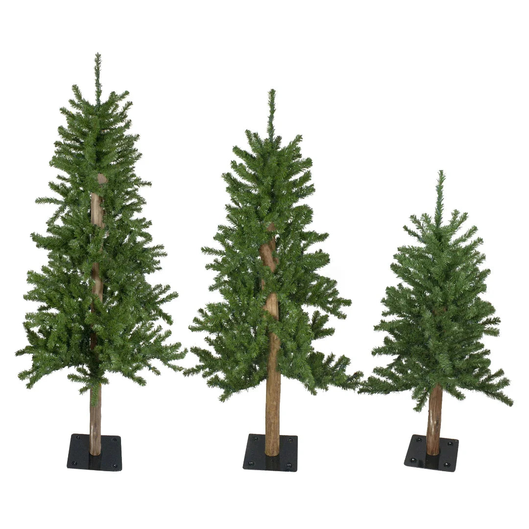 Set of three artificial Alpine Christmas trees in varying heights with lifelike evergreen detail
