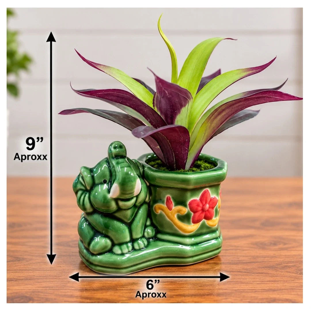 Artificial Purple and Green Bromeliad Plant in Decorative Elephant Ceramic Planter (Good Gift)