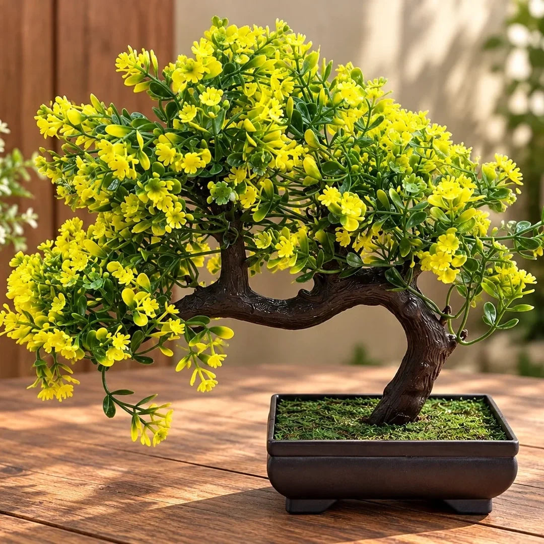 Artificial Yellow Flowering Bonsai Tree with Decorative Plastic Pot