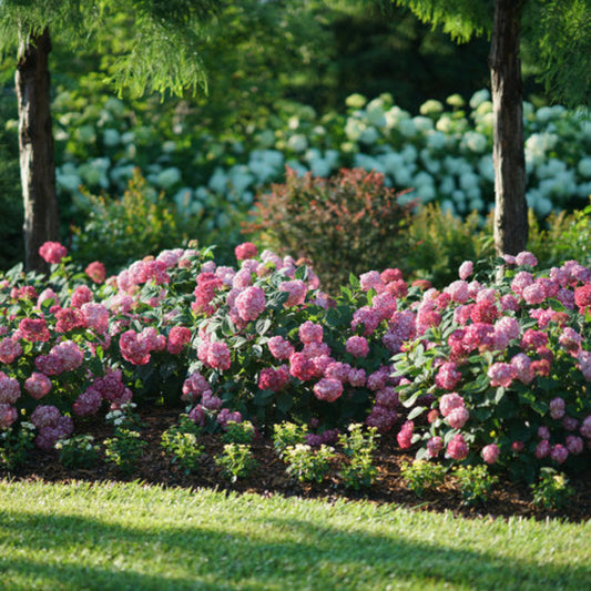 Invincibelle Ruby Hydrangea bush with large pink flower heads and healthy green foliage