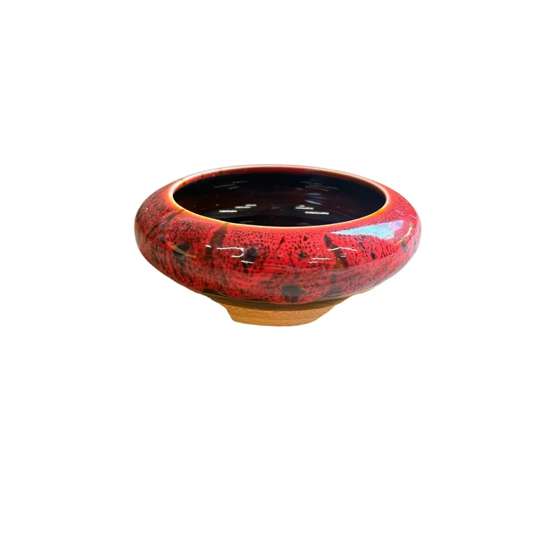 Red Glazed Ceramic Bonsai Pot with Wooden Base