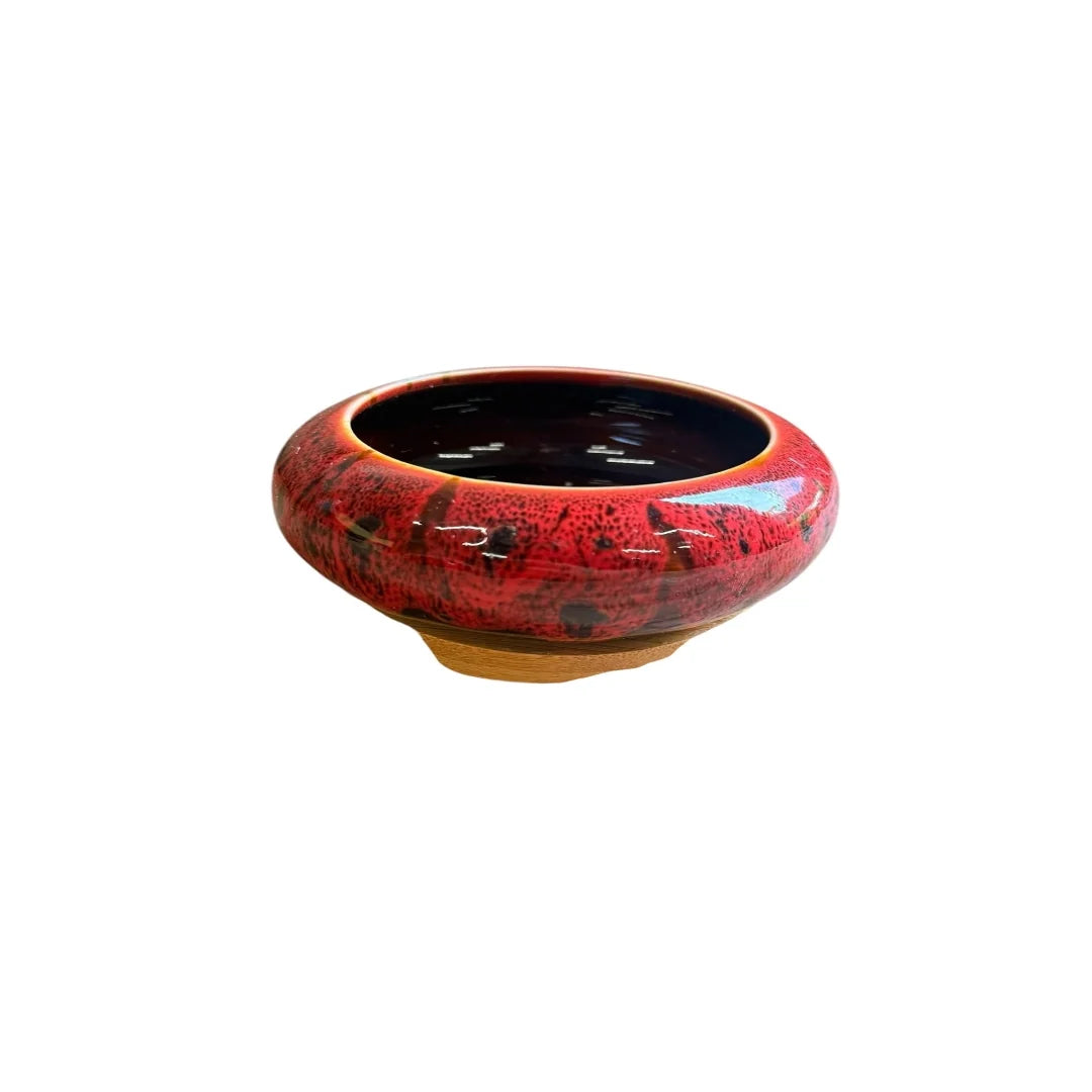 Red Glazed Ceramic Bonsai Pot with Wooden Base