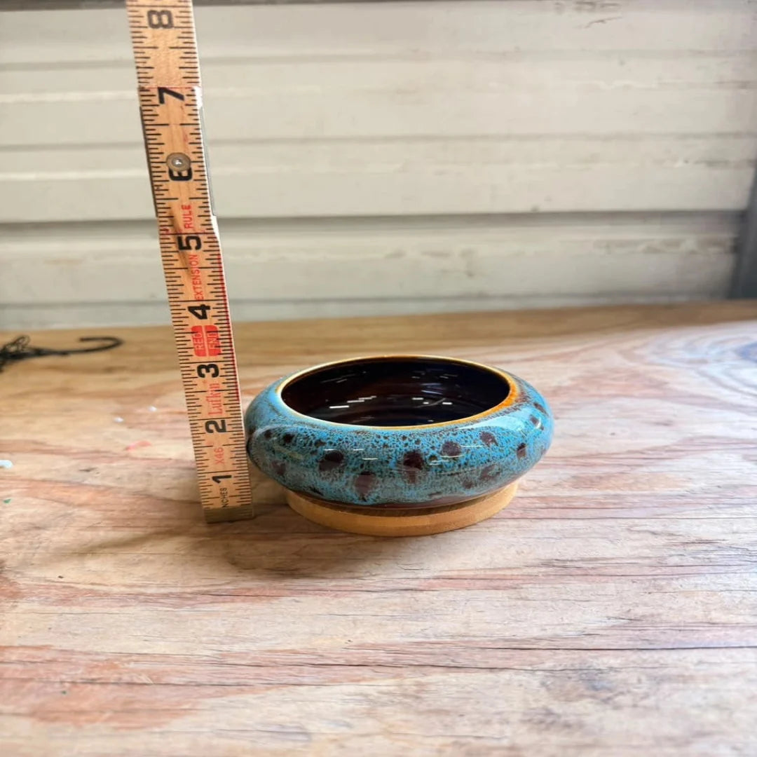 Blue Glazed Ceramic Bonsai Pot with Wooden Base