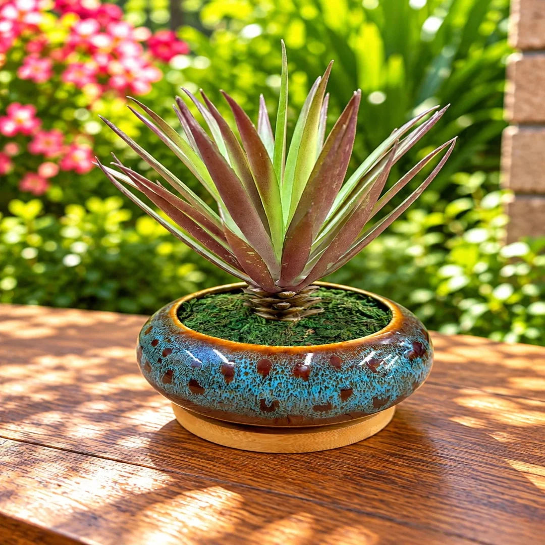 Artificial Green & Burgundy Spiky Succulent Decorative Ceramic Pot