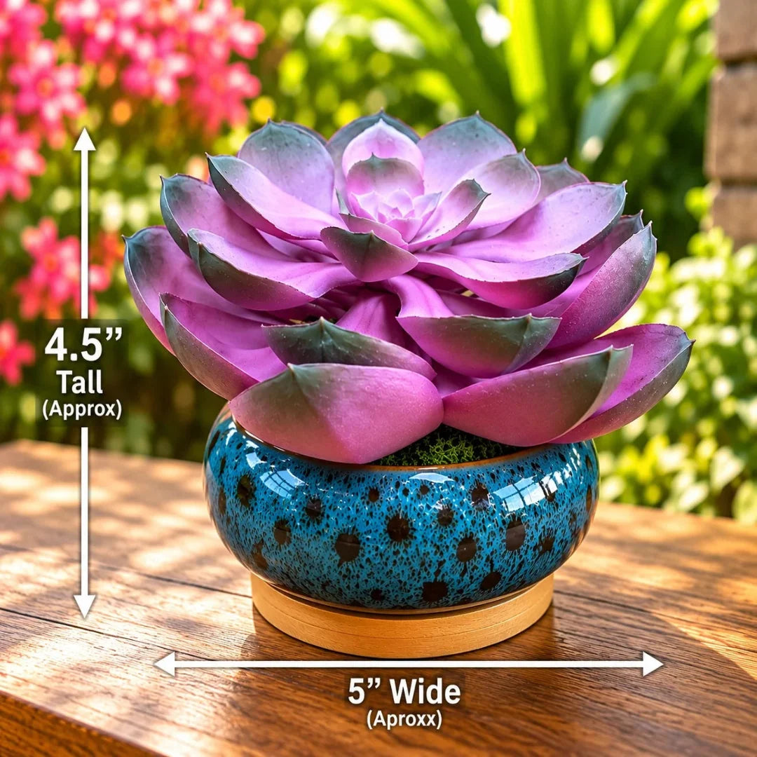 Artificial Purple Echeveria Succulent in Decorative Blue Ceramic Pot