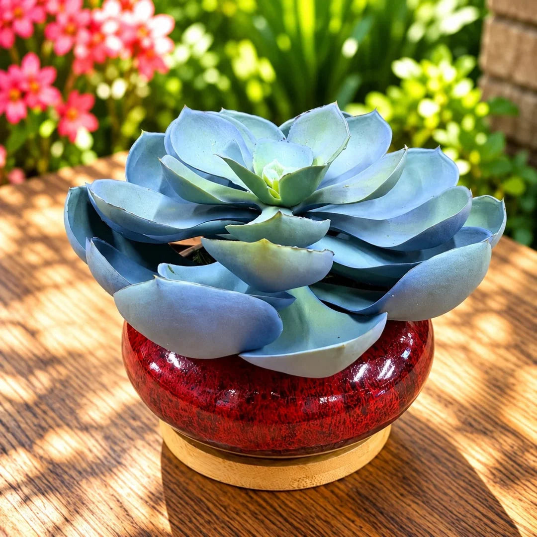 Artificial Purple Echeveria Succulent in Decorative Blue Ceramic Pot