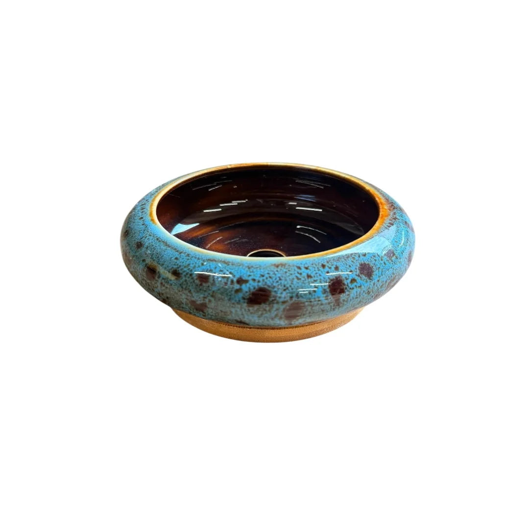 Blue Glazed Ceramic Bonsai Pot with Wooden Base
