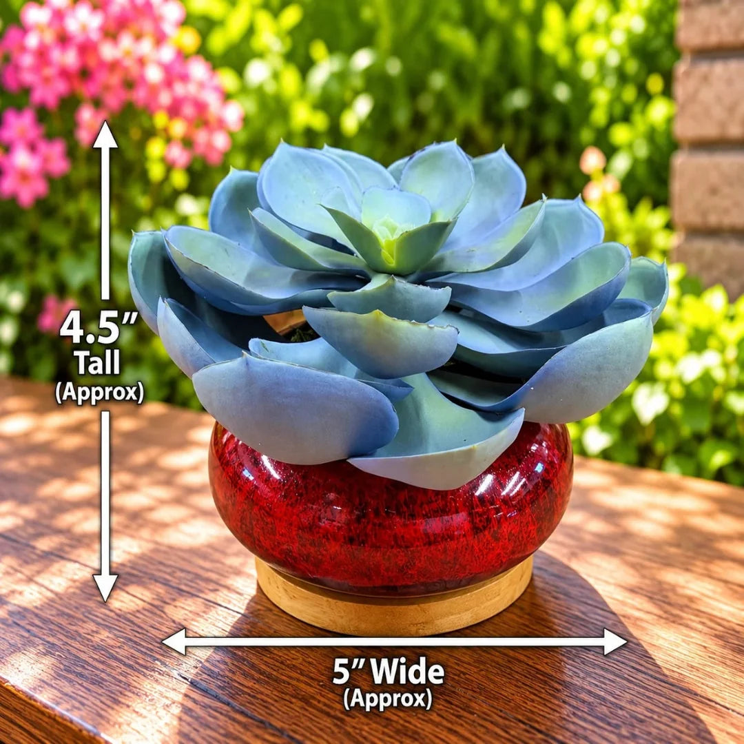 Artificial Purple Echeveria Succulent in Decorative Blue Ceramic Pot