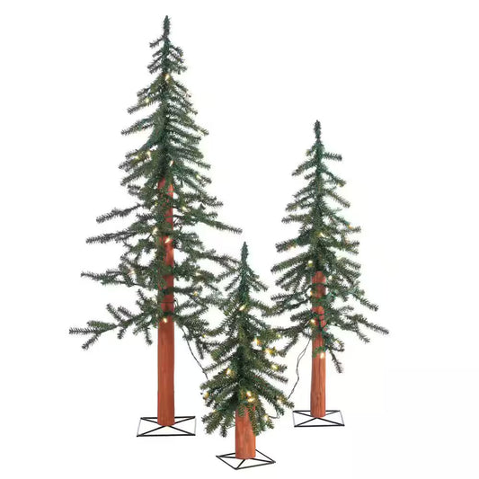 Pre-lit artificial Alpine Christmas tree with glowing lights and natural-looking branches