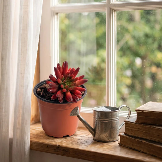 Sedum rubrotinctum Jelly Bean succulent in terracotta pot